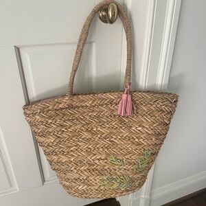 Vineyard Vines Natural Straw Tote with Pink Tassel